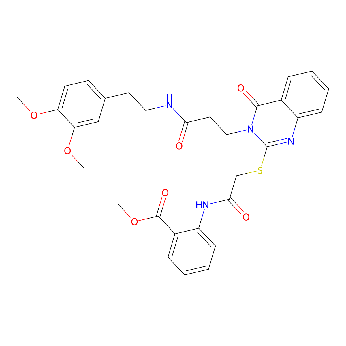 Methyl 2-(2-((3-(3-((3,4-dimethoxyphenethyl)amino)-3-oxopropyl)-4-oxo-3,4-dihydroquinazolin-2-yl)thio)acetamido)benzoate molecular structure, CAS 422289-05-2