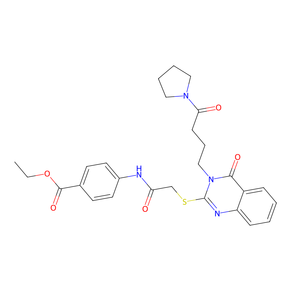 Ethyl 4-[2-({4-oxo-3-[4-oxo-4-(pyrrolidin-1-yl)butyl]-3,4-dihydroquinazolin-2-yl}sulfanyl)acetamido]benzoate molecular structure, CAS 422289-29-0