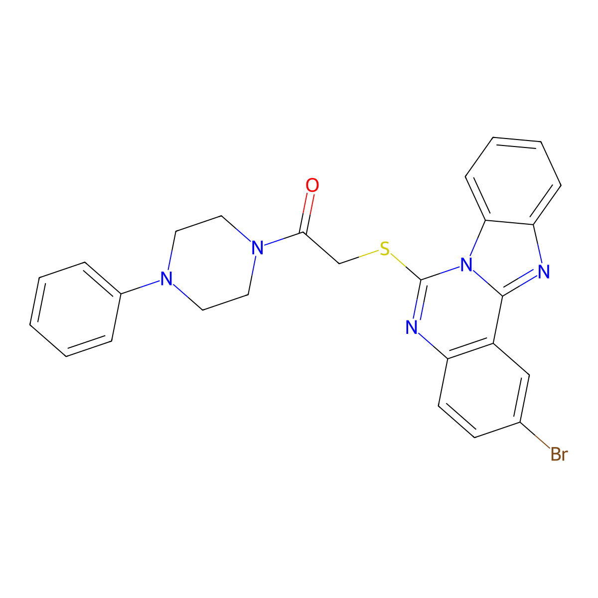 2-({4-Bromo-8,10,17-triazatetracyclo[8.7.0.0^{2,7}.0^{11,16}]heptadeca-1(17),2(7),3,5,8,11(16),12,14-octaen-9-yl}sulfanyl)-1-(4-phenylpiperazin-1-yl)ethan-1-one molecular structure, CAS 422289-96-1