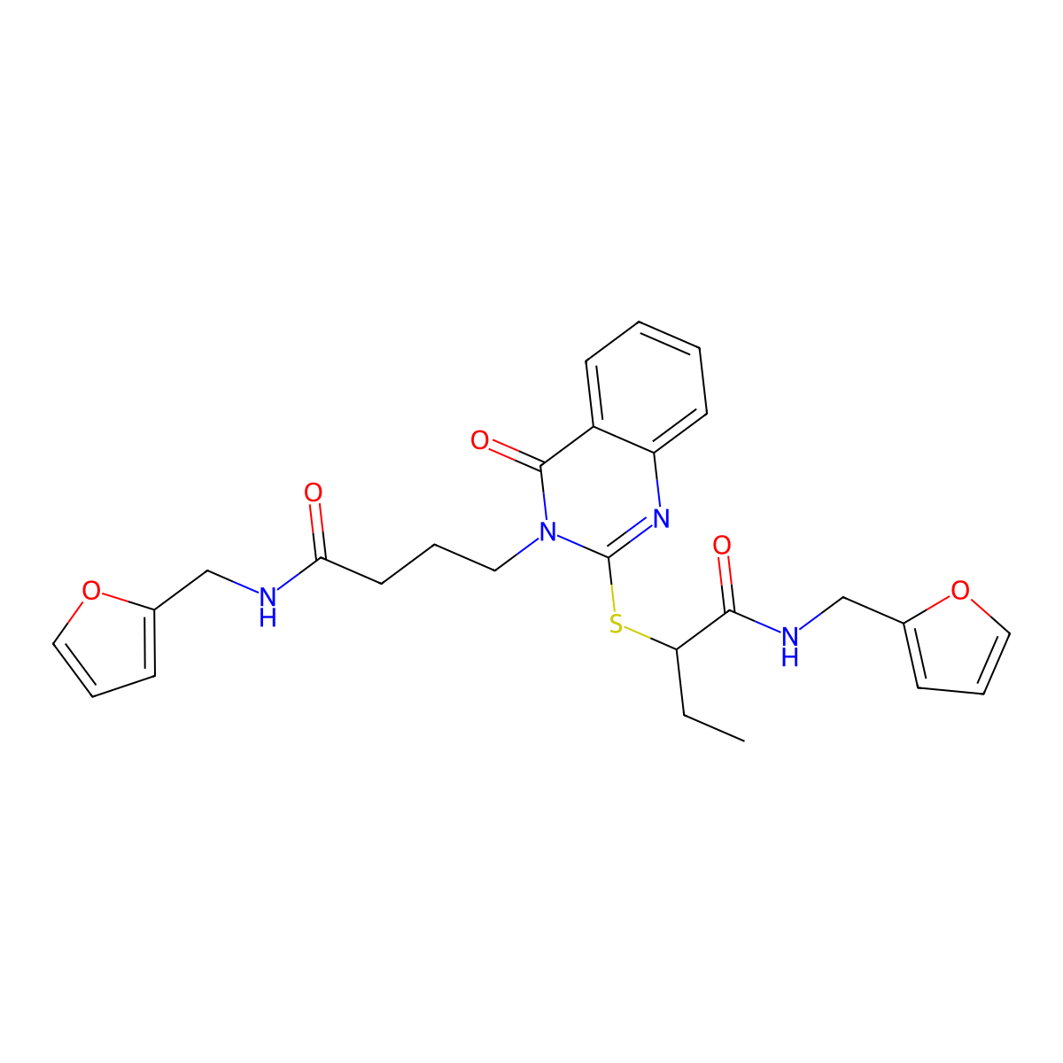 N-[(furan-2-yl)methyl]-2-{[3-(3-{[(furan-2-yl)methyl]carbamoyl}propyl)-4-oxo-3,4-dihydroquinazolin-2-yl]sulfanyl}butanamide molecular structure, CAS 422292-04-4