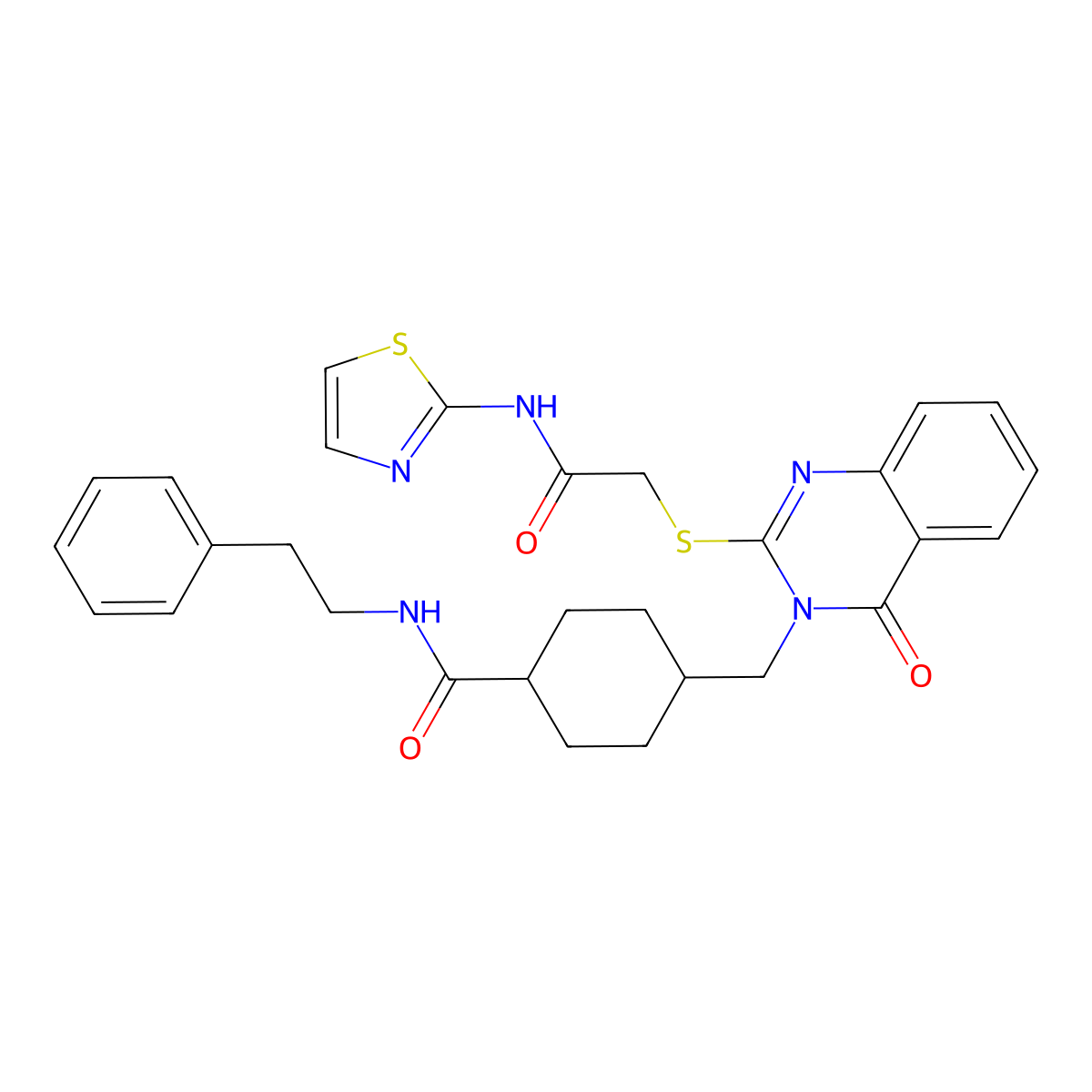 4-((4-oxo-2-((2-oxo-2-(thiazol-2-ylamino)ethyl)thio)quinazolin-3(4H)-yl)methyl)-N-phenethylcyclohexanecarboxamide molecular structure, CAS 422292-17-9