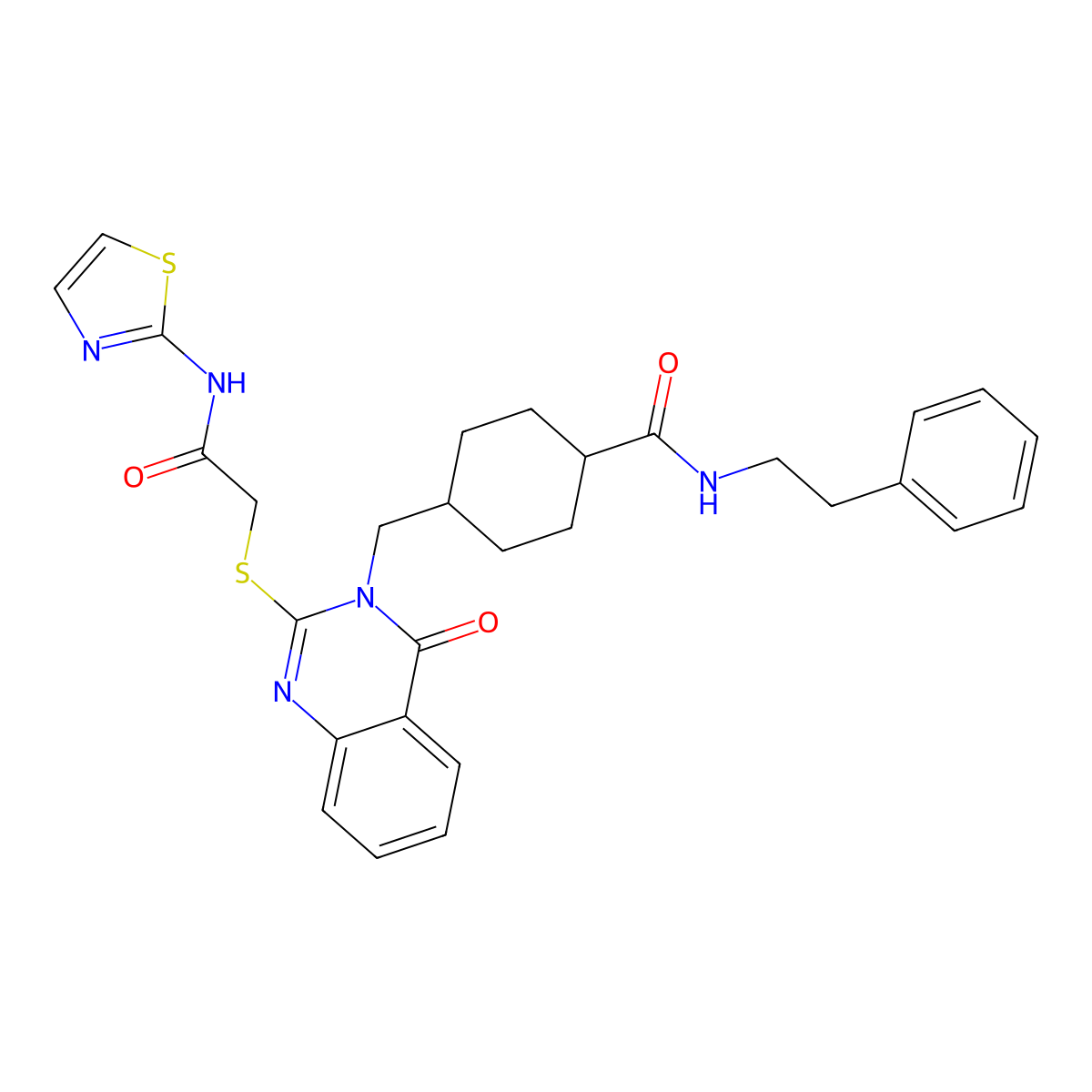 4-((4-oxo-2-((2-oxo-2-(thiazol-2-ylamino)ethyl)thio)quinazolin-3(4H)-yl)methyl)-N-phenethylcyclohexanecarboxamide molecular structure, CAS 422292-17-9