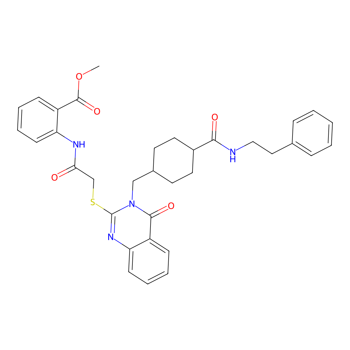Methyl 2-(2-{[4-oxo-3-({4-[(2-phenylethyl)carbamoyl]cyclohexyl}methyl)-3,4-dihydroquinazolin-2-yl]sulfanyl}acetamido)benzoate molecular structure, CAS 422292-33-9