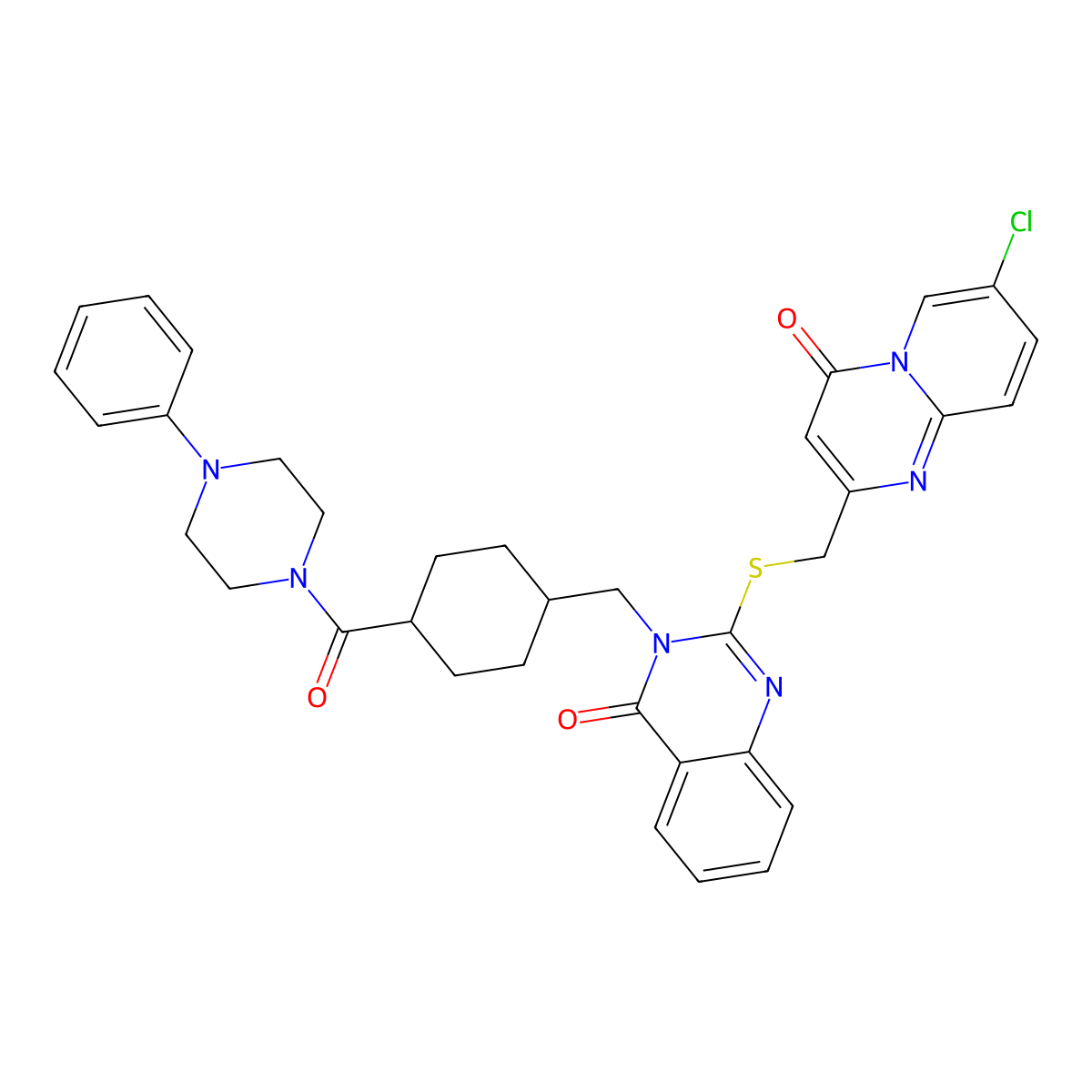 2-(((7-chloro-4-oxo-4H-pyrido[1,2-a]pyrimidin-2-yl)methyl)thio)-3-((4-(4-phenylpiperazine-1-carbonyl)cyclohexyl)methyl)quinazolin-4(3H)-one molecular structure, CAS 422292-35-1