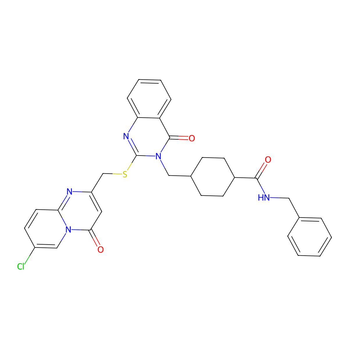 N-benzyl-4-({2-[({7-chloro-4-oxo-4H-pyrido[1,2-a]pyrimidin-2-yl}methyl)sulfanyl]-4-oxo-3,4-dihydroquinazolin-3-yl}methyl)cyclohexane-1-carboxamide molecular structure, CAS 422292-50-0