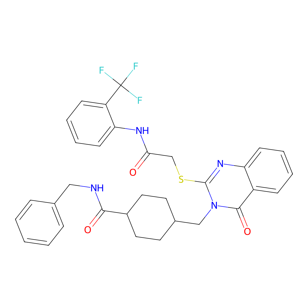 N-benzyl-4-((4-oxo-2-((2-oxo-2-((2-(trifluoromethyl)phenyl)amino)ethyl)thio)quinazolin-3(4H)-yl)methyl)cyclohexanecarboxamide molecular structure, CAS 422292-58-8