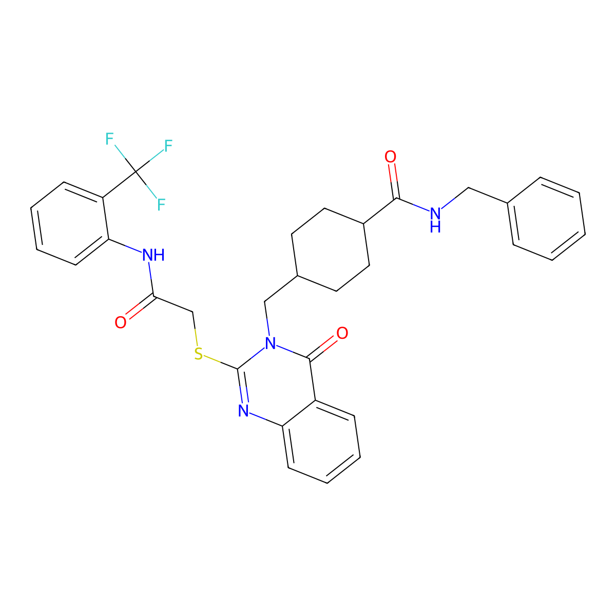 N-benzyl-4-((4-oxo-2-((2-oxo-2-((2-(trifluoromethyl)phenyl)amino)ethyl)thio)quinazolin-3(4H)-yl)methyl)cyclohexanecarboxamide molecular structure, CAS 422292-58-8