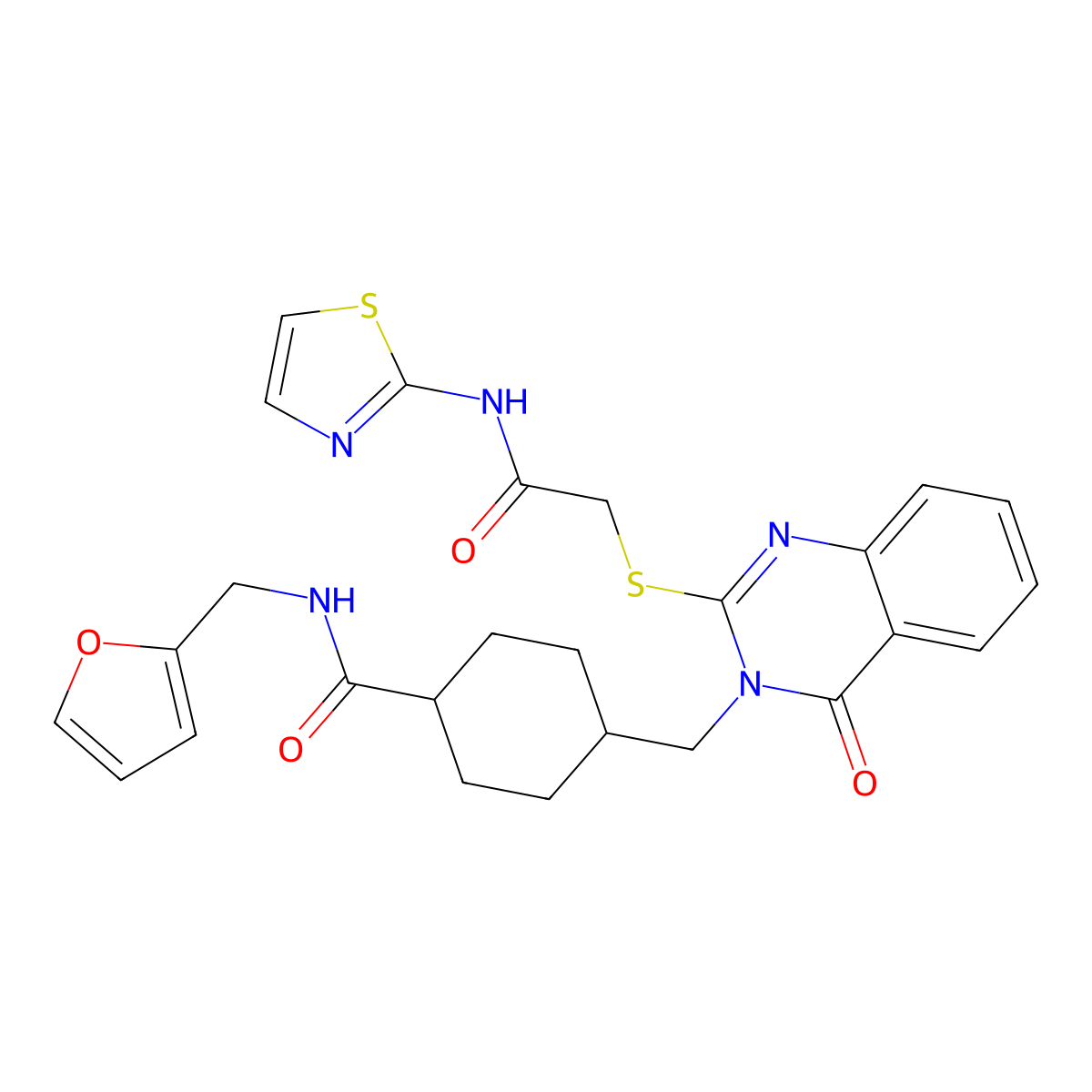 N-(furan-2-ylmethyl)-4-((4-oxo-2-((2-oxo-2-(thiazol-2-ylamino)ethyl)thio)quinazolin-3(4H)-yl)methyl)cyclohexanecarboxamide molecular structure, CAS 422292-71-5