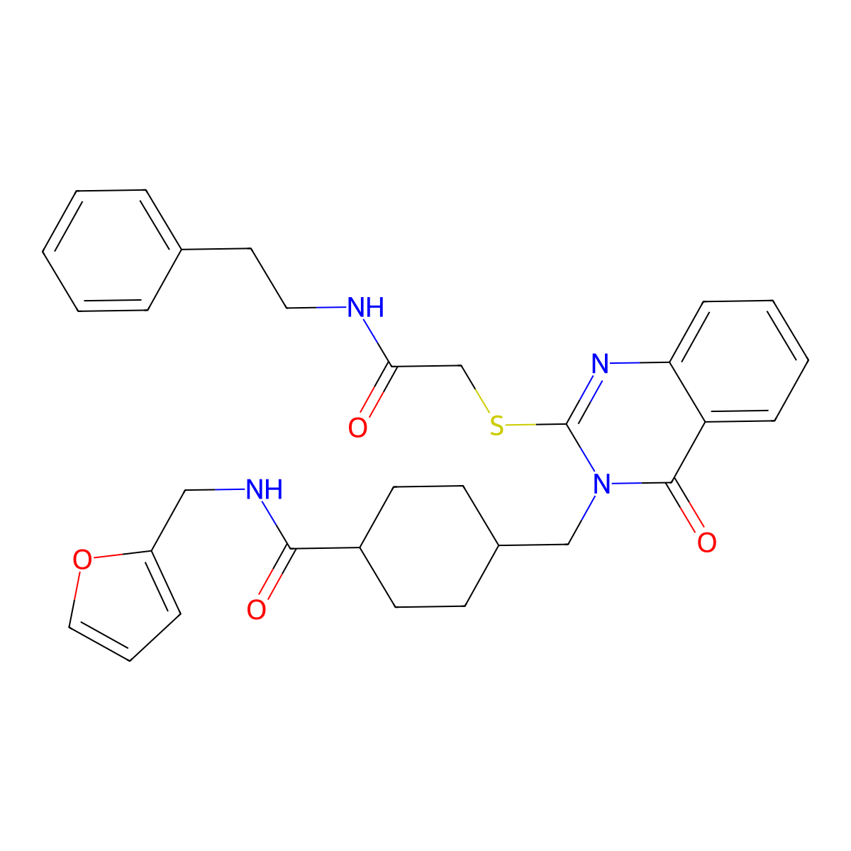 N-[(furan-2-yl)methyl]-4-{[4-oxo-2-({[(2-phenylethyl)carbamoyl]methyl}sulfanyl)-3,4-dihydroquinazolin-3-yl]methyl}cyclohexane-1-carboxamide molecular structure, CAS 422292-73-7