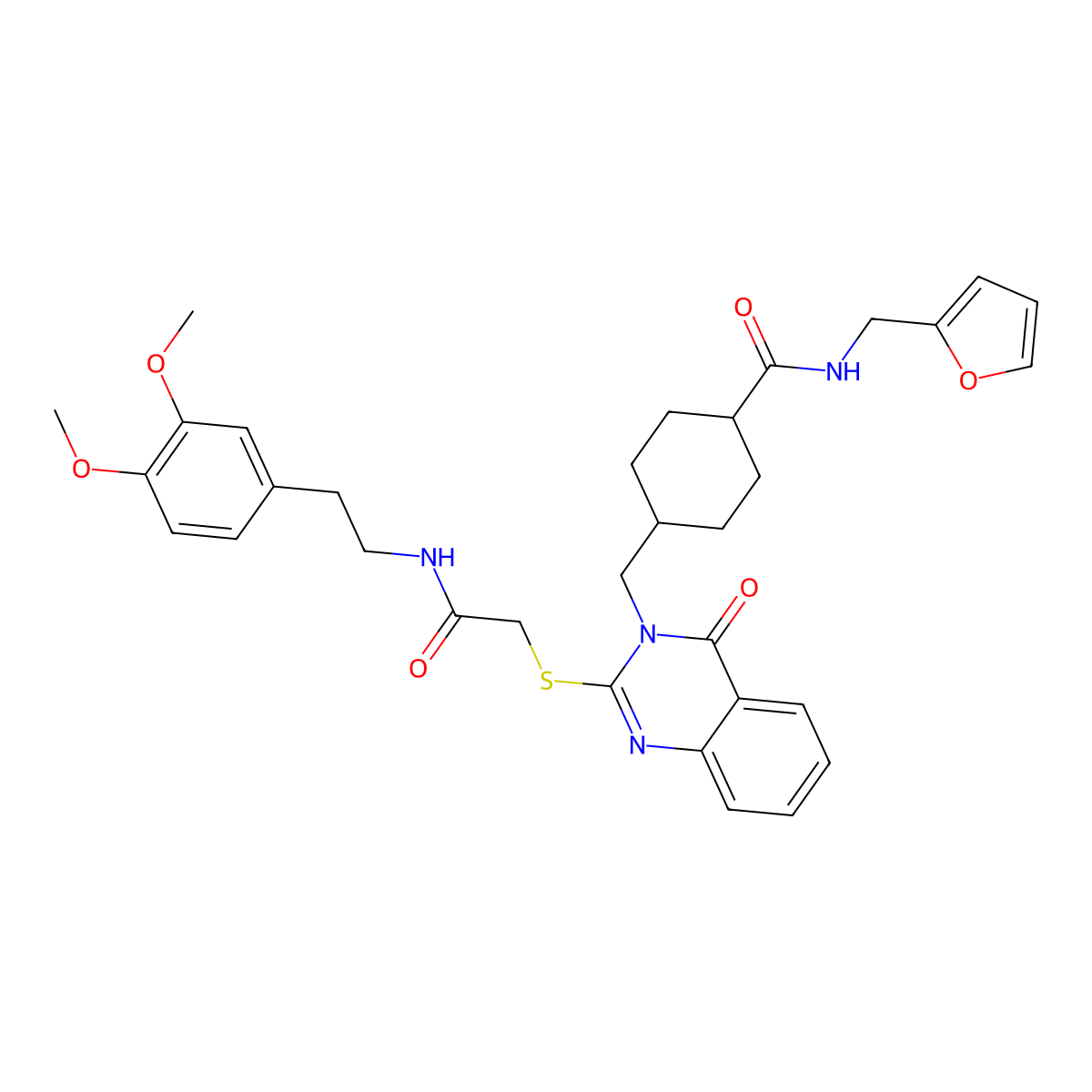 4-((2-((2-((3,4-dimethoxyphenethyl)amino)-2-oxoethyl)thio)-4-oxoquinazolin-3(4H)-yl)methyl)-N-(furan-2-ylmethyl)cyclohexanecarboxamide molecular structure, CAS 422292-75-9