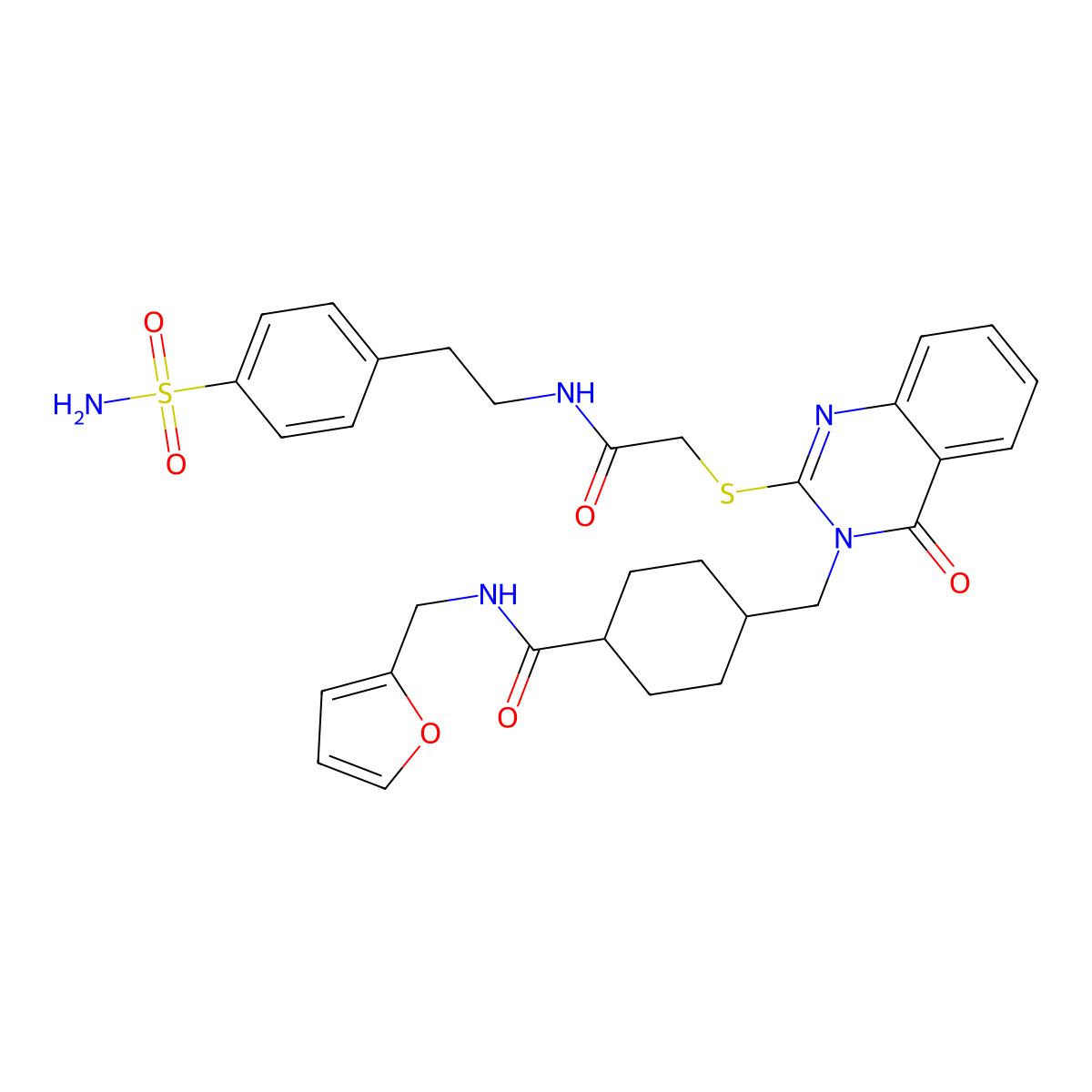 N-[(furan-2-yl)methyl]-4-({4-oxo-2-[({[2-(4-sulfamoylphenyl)ethyl]carbamoyl}methyl)sulfanyl]-3,4-dihydroquinazolin-3-yl}methyl)cyclohexane-1-carboxamide molecular structure, CAS 422292-79-3
