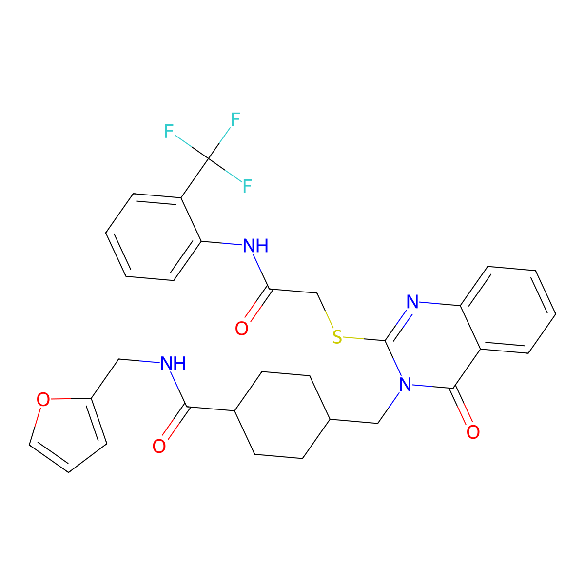 N-(furan-2-ylmethyl)-4-[[4-oxo-2-[2-oxo-2-[2-(trifluoromethyl)anilino]ethyl]sulfanylquinazolin-3-yl]methyl]cyclohexane-1-carboxamide molecular structure, CAS 422292-80-6