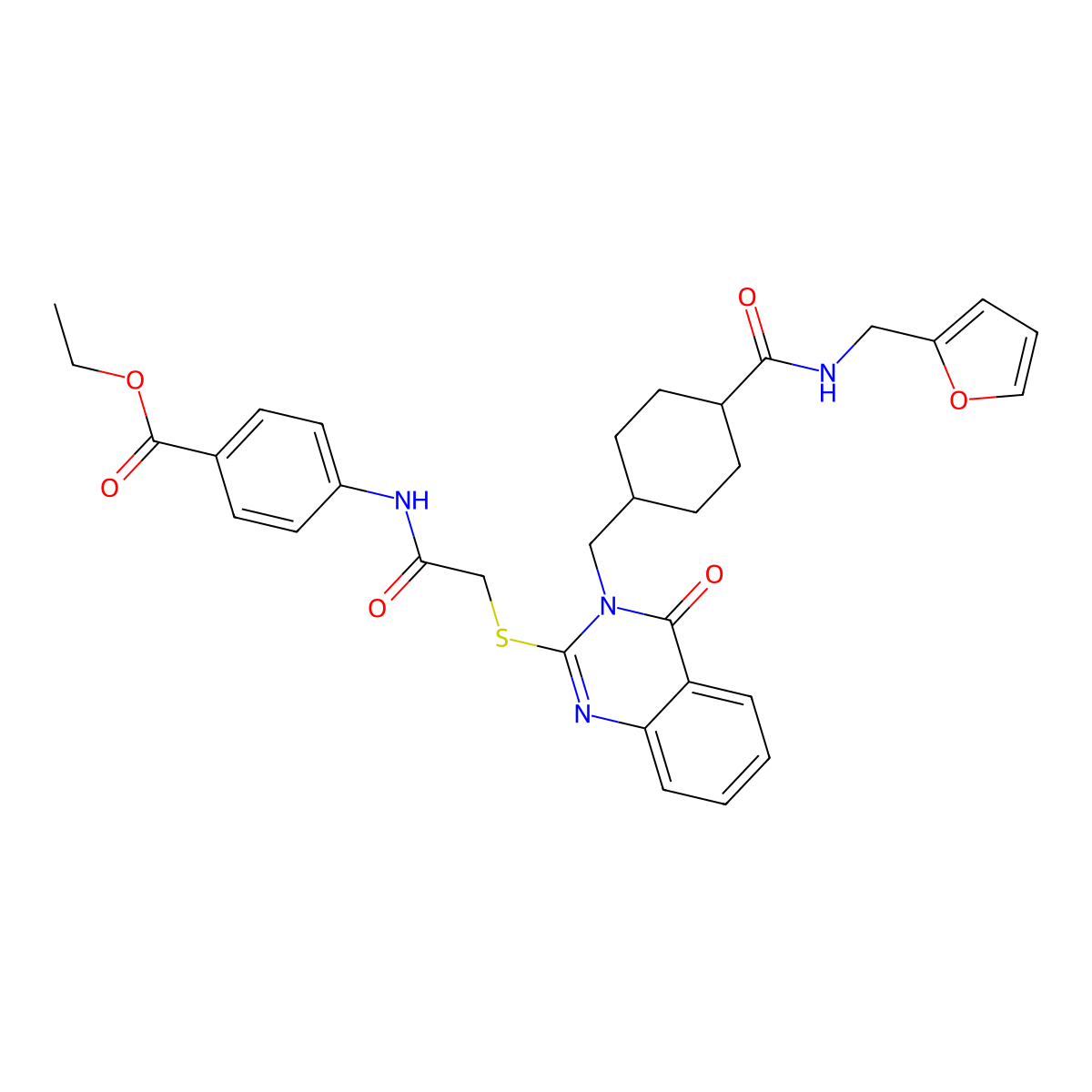 Ethyl 4-[2-({3-[(4-{[(furan-2-yl)methyl]carbamoyl}cyclohexyl)methyl]-4-oxo-3,4-dihydroquinazolin-2-yl}sulfanyl)acetamido]benzoate molecular structure, CAS 422292-82-8