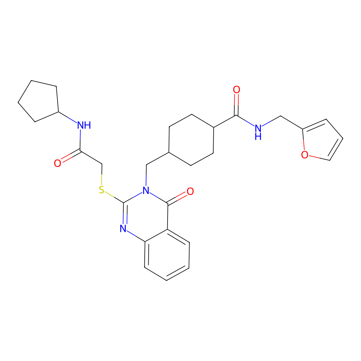 4-[(2-{[(cyclopentylcarbamoyl)methyl]sulfanyl}-4-oxo-3,4-dihydroquinazolin-3-yl)methyl]-N-[(furan-2-yl)methyl]cyclohexane-1-carboxamide molecular structure, CAS 422292-86-2