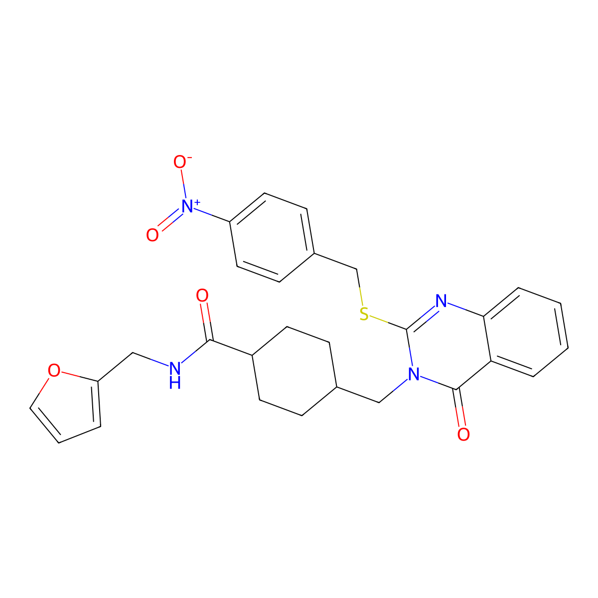 N-(furan-2-ylmethyl)-4-[(2-{[(4-nitrophenyl)methyl]sulfanyl}-4-oxo-3,4-dihydroquinazolin-3-yl)methyl]cyclohexane-1-carboxamide molecular structure, CAS 422292-88-4