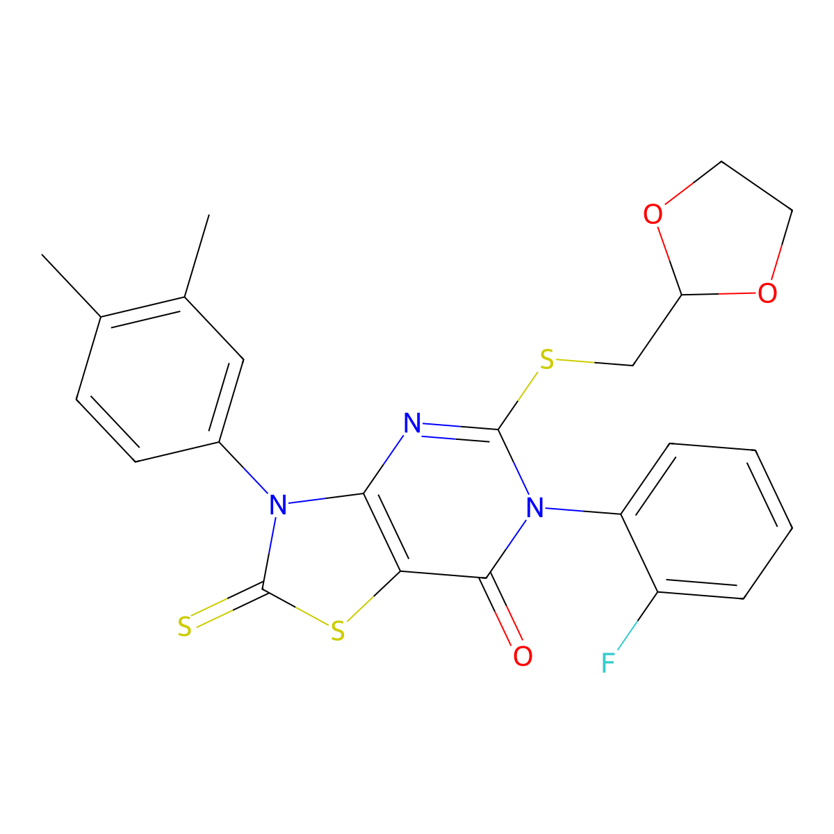 3-(3,4-Dimethylphenyl)-5-(1,3-dioxolan-2-ylmethylsulfanyl)-6-(2-fluorophenyl)-2-sulfanylidene-[1,3]thiazolo[4,5-d]pyrimidin-7-one molecular structure, CAS 422297-73-2