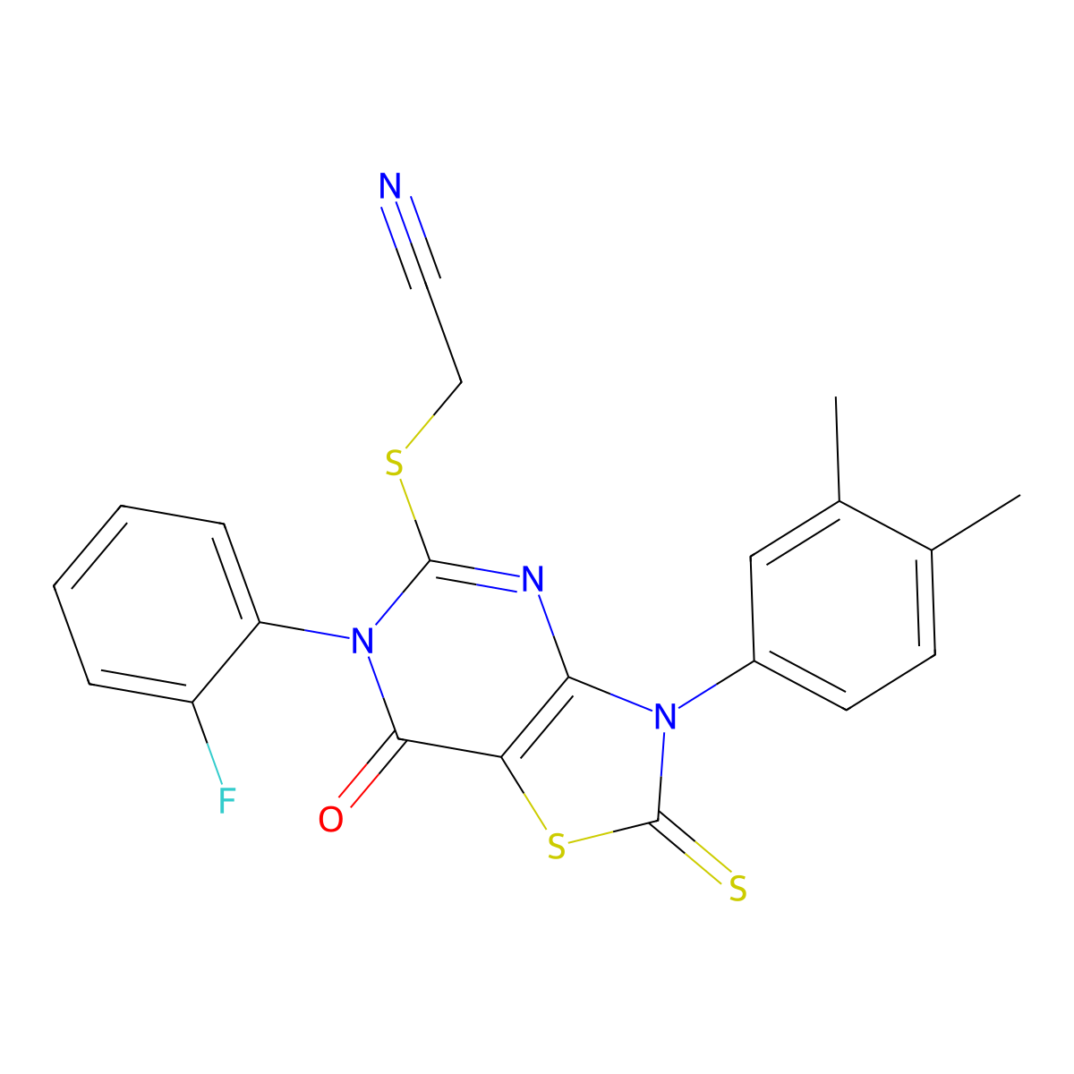 2-[[3-(3,4-Dimethylphenyl)-6-(2-fluorophenyl)-7-oxo-2-sulfanylidene-[1,3]thiazolo[4,5-d]pyrimidin-5-yl]sulfanyl]acetonitrile molecular structure, CAS 422297-74-3