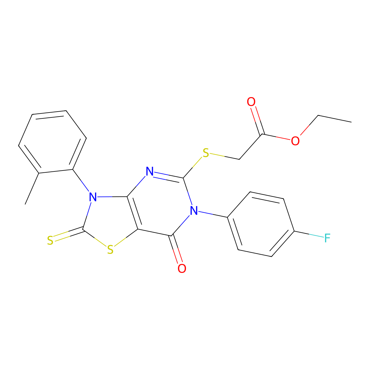 Ethyl 2-[[6-(4-fluorophenyl)-3-(2-methylphenyl)-7-oxo-2-sulfanylidene-[1,3]thiazolo[4,5-d]pyrimidin-5-yl]sulfanyl]acetate molecular structure, CAS 422298-42-8