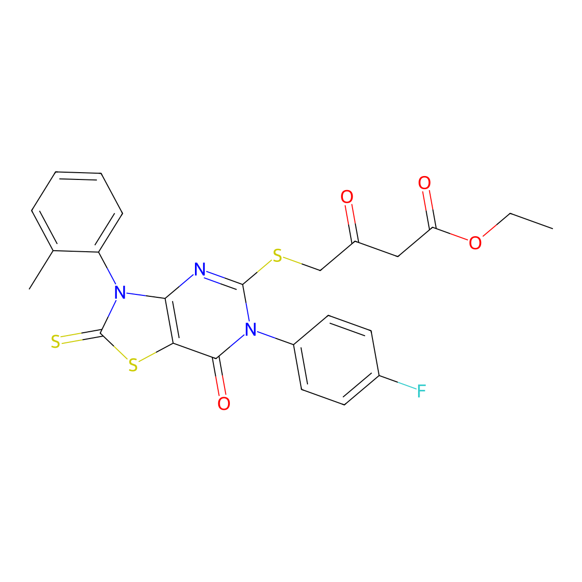 Ethyl 4-[[6-(4-fluorophenyl)-3-(2-methylphenyl)-7-oxo-2-sulfanylidene-[1,3]thiazolo[4,5-d]pyrimidin-5-yl]sulfanyl]-3-oxobutanoate molecular structure, CAS 422298-45-1