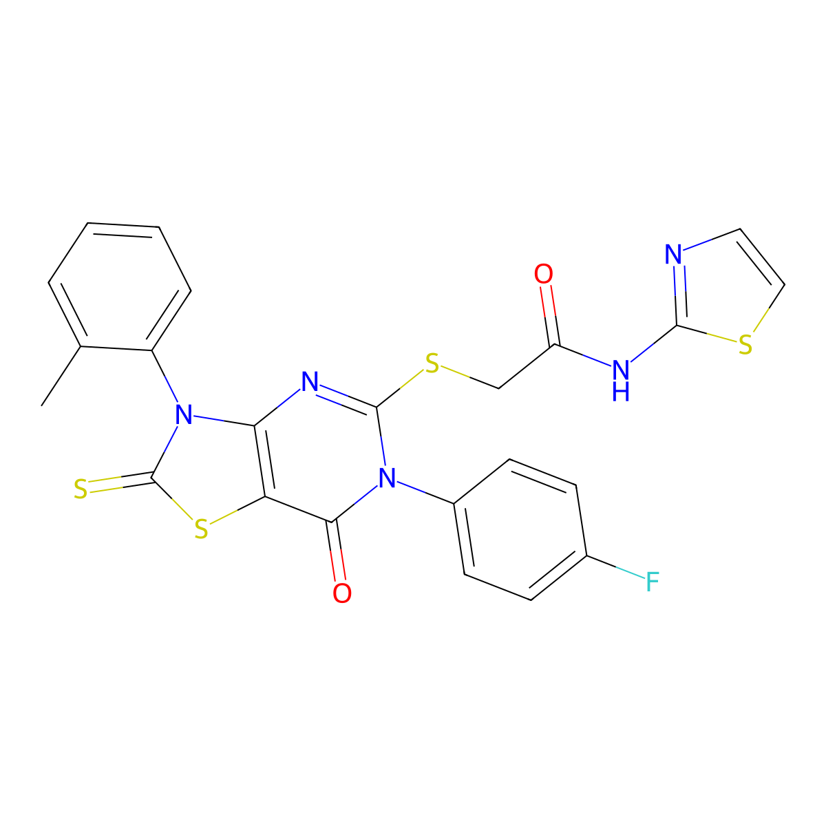 2-((6-(4-fluorophenyl)-7-oxo-2-thioxo-3-(o-tolyl)-2,3,6,7-tetrahydrothiazolo[4,5-d]pyrimidin-5-yl)thio)-N-(thiazol-2-yl)acetamide molecular structure, CAS 422298-49-5