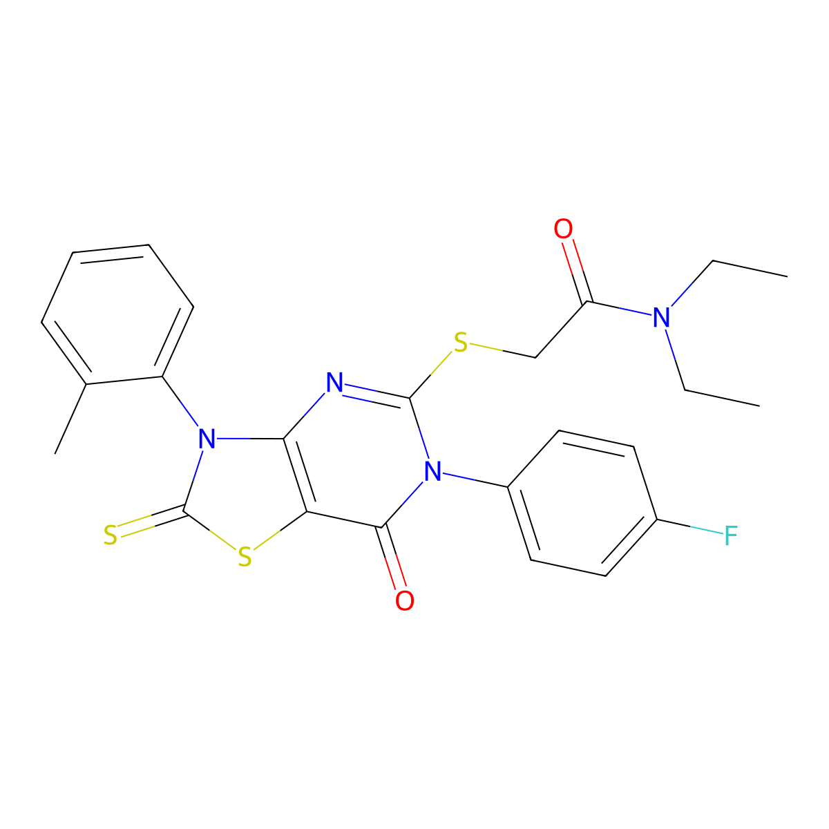 N,N-diethyl-2-[[6-(4-fluorophenyl)-3-(2-methylphenyl)-7-oxo-2-sulfanylidene-[1,3]thiazolo[4,5-d]pyrimidin-5-yl]sulfanyl]acetamide molecular structure, CAS 422298-50-8