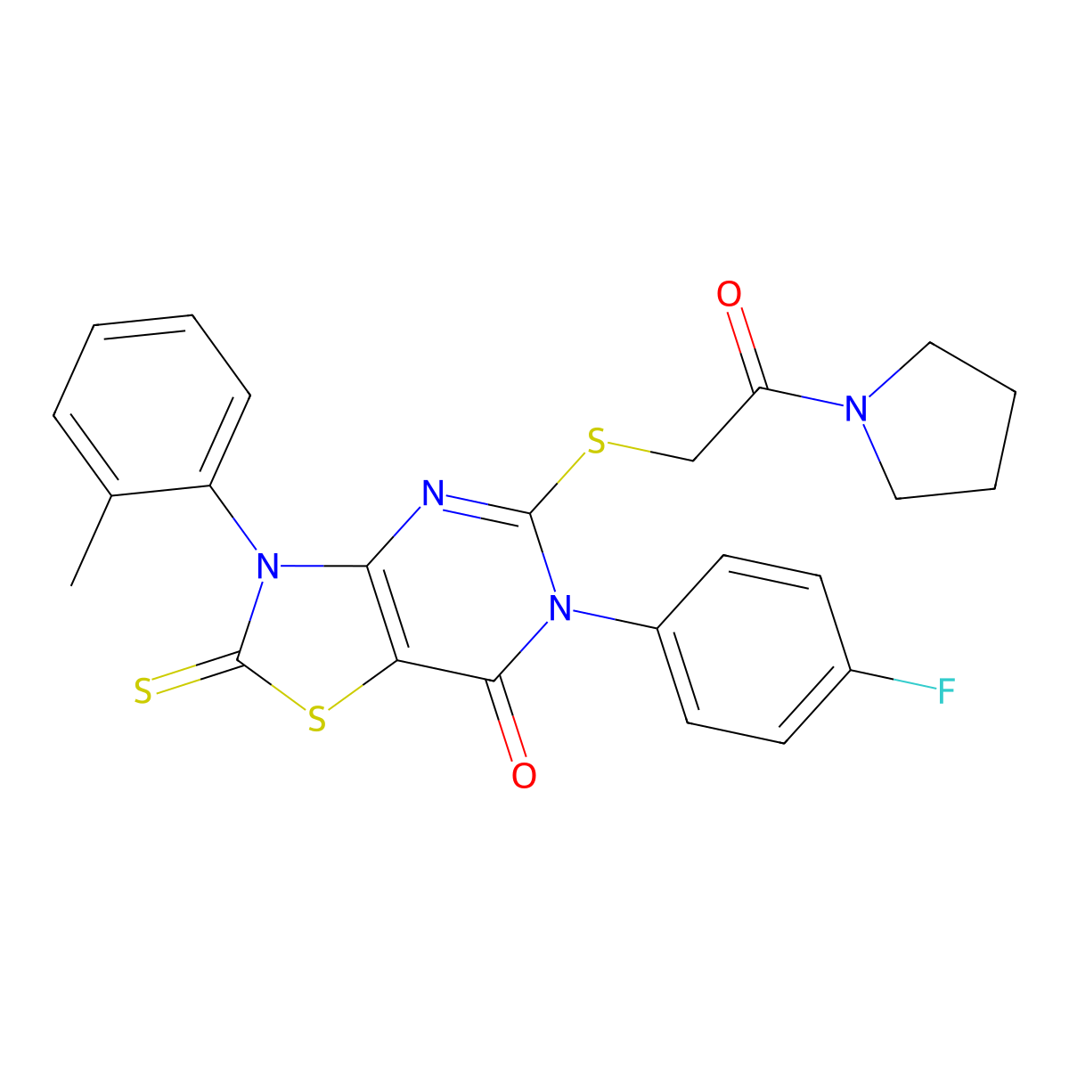 6-(4-fluorophenyl)-3-(2-methylphenyl)-5-{[2-oxo-2-(pyrrolidin-1-yl)ethyl]sulfanyl}-2-sulfanylidene-2H,3H,6H,7H-[1,3]thiazolo[4,5-d]pyrimidin-7-one molecular structure, CAS 422298-52-0