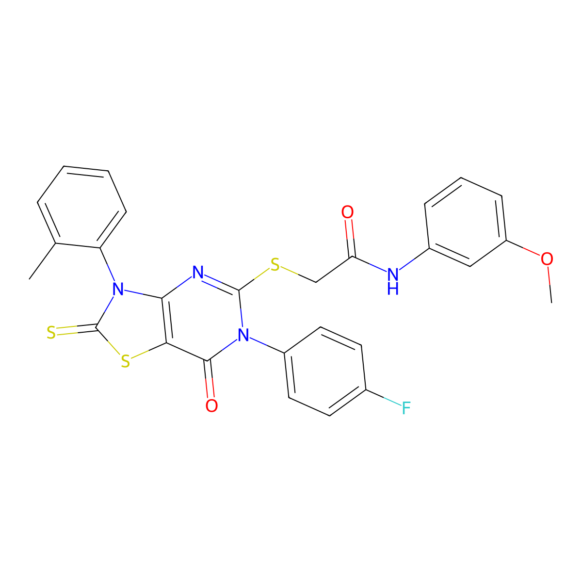2-[[6-(4-fluorophenyl)-3-(2-methylphenyl)-7-oxo-2-sulfanylidene-[1,3]thiazolo[4,5-d]pyrimidin-5-yl]sulfanyl]-N-(3-methoxyphenyl)acetamide molecular structure, CAS 422298-53-1