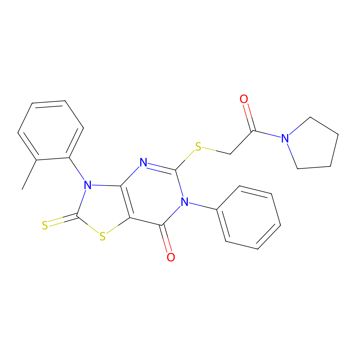 Thiazolo[4,5-d]pyrimidin-7(6H)-one, 2,3-dihydro-3-(2-methylphenyl)-5-[[2-oxo-2-(1-pyrrolidinyl)ethyl]thio]-6-phenyl-2-thioxo- molecular structure, CAS 422298-69-9