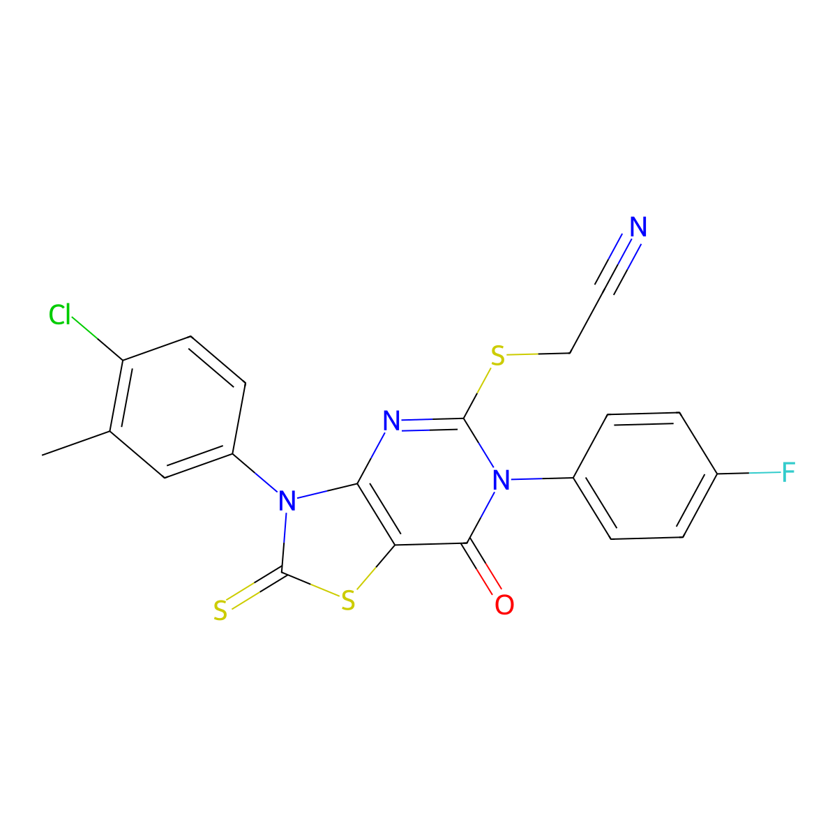 2-[[3-(4-Chloro-3-methylphenyl)-6-(4-fluorophenyl)-7-oxo-2-sulfanylidene-[1,3]thiazolo[4,5-d]pyrimidin-5-yl]sulfanyl]acetonitrile molecular structure, CAS 422299-15-8