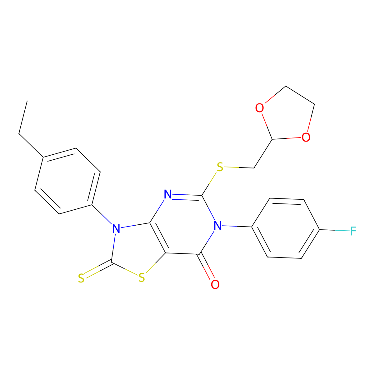 5-(1,3-Dioxolan-2-ylmethylsulfanyl)-3-(4-ethylphenyl)-6-(4-fluorophenyl)-2-sulfanylidene-[1,3]thiazolo[4,5-d]pyrimidin-7-one molecular structure, CAS 422299-33-0