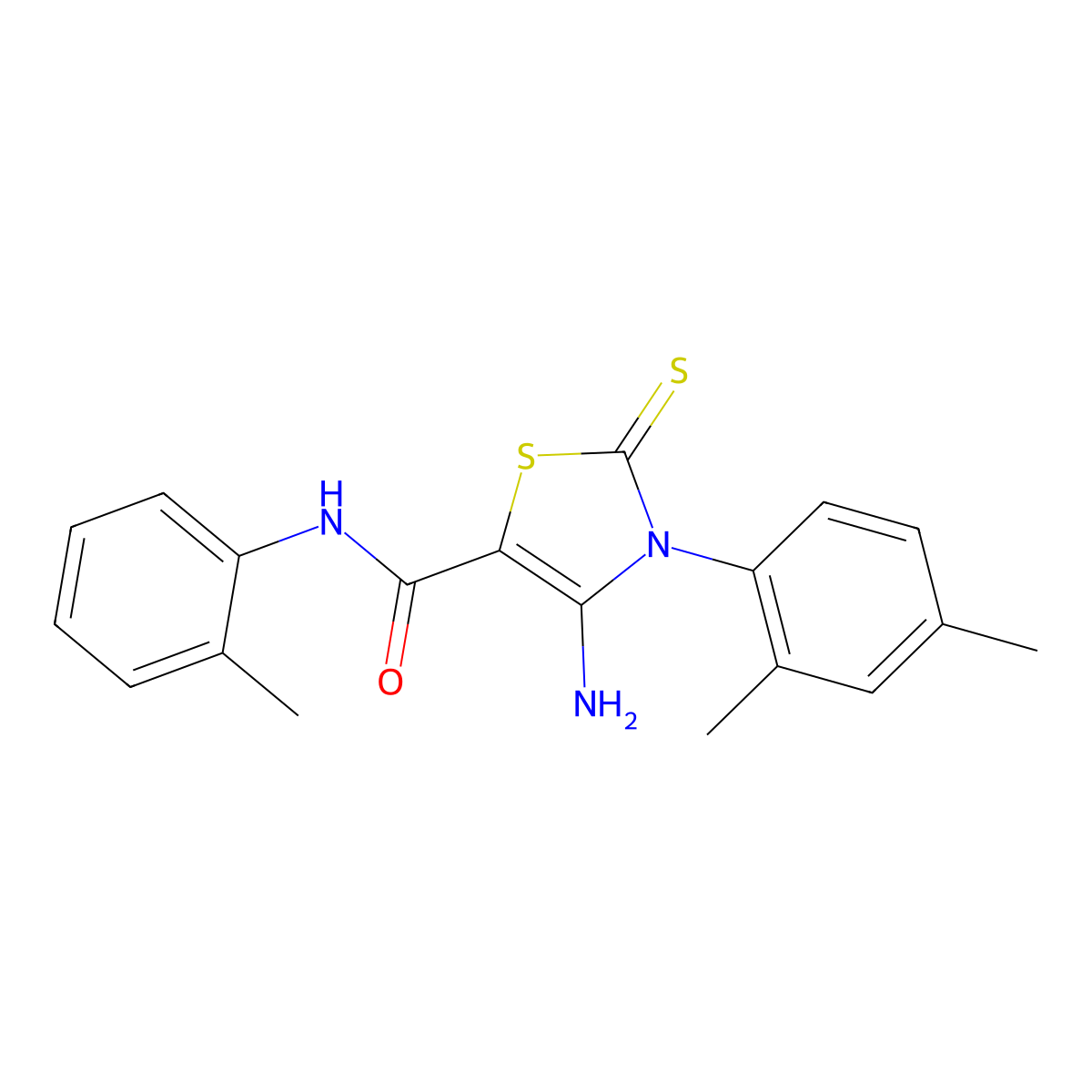 4-amino-3-(2,4-dimethylphenyl)-N-(2-methylphenyl)-2-sulfanylidene-1,3-thiazole-5-carboxamide molecular structure, CAS 422301-20-0
