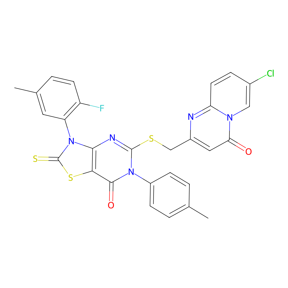 5-(((7-chloro-4-oxo-4H-pyrido[1,2-a]pyrimidin-2-yl)methyl)thio)-3-(2-fluoro-5-methylphenyl)-2-thioxo-6-(p-tolyl)-2,3-dihydrothiazolo[4,5-d]pyrimidin-7(6H)-one molecular structure, CAS 422305-97-3