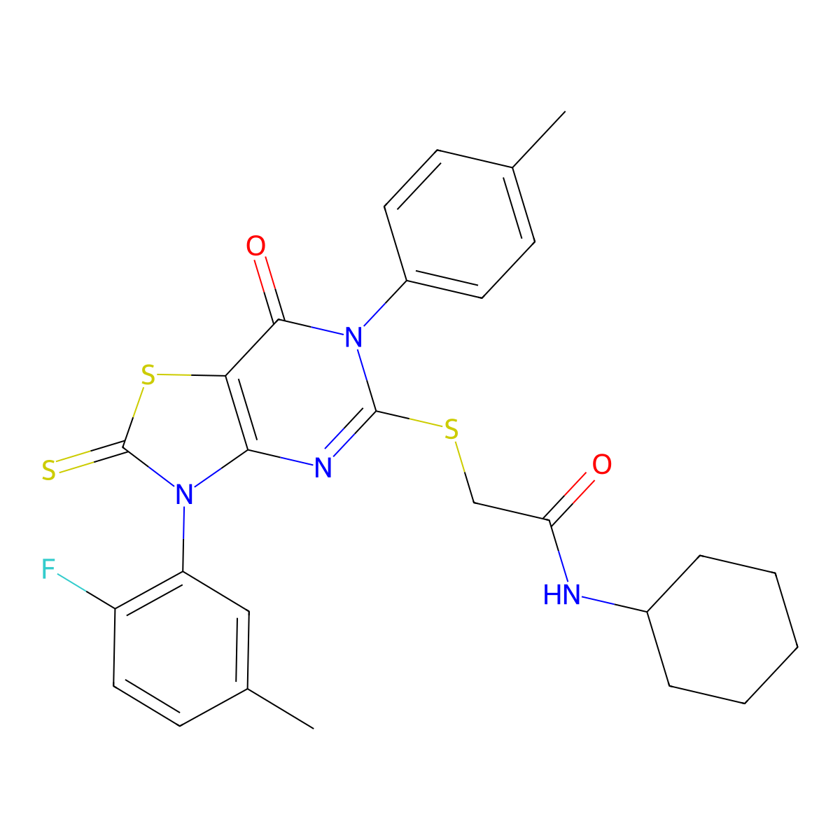 N-cyclohexyl-2-[[3-(2-fluoro-5-methylphenyl)-6-(4-methylphenyl)-7-oxo-2-sulfanylidene-[1,3]thiazolo[4,5-d]pyrimidin-5-yl]sulfanyl]acetamide molecular structure, CAS 422305-98-4