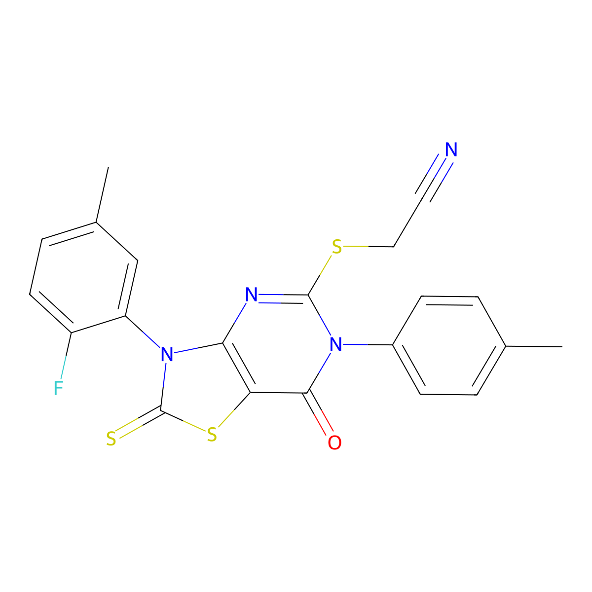 2-[[3-(2-Fluoro-5-methylphenyl)-6-(4-methylphenyl)-7-oxo-2-sulfanylidene-[1,3]thiazolo[4,5-d]pyrimidin-5-yl]sulfanyl]acetonitrile molecular structure, CAS 422306-02-3
