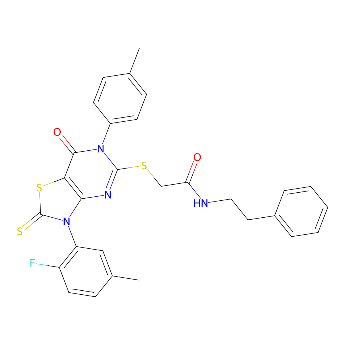 2-((3-(2-fluoro-5-methylphenyl)-7-oxo-2-thioxo-6-(p-tolyl)-2,3,6,7-tetrahydrothiazolo[4,5-d]pyrimidin-5-yl)thio)-N-phenethylacetamide molecular structure, CAS 422306-03-4