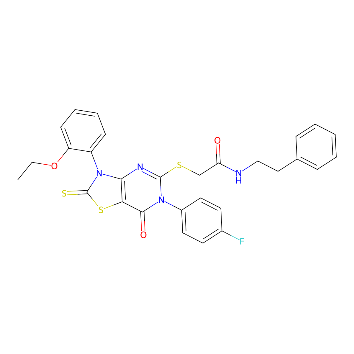 2-((3-(2-ethoxyphenyl)-6-(4-fluorophenyl)-7-oxo-2-thioxo-2,3,6,7-tetrahydrothiazolo[4,5-d]pyrimidin-5-yl)thio)-N-phenethylacetamide molecular structure, CAS 422306-23-8