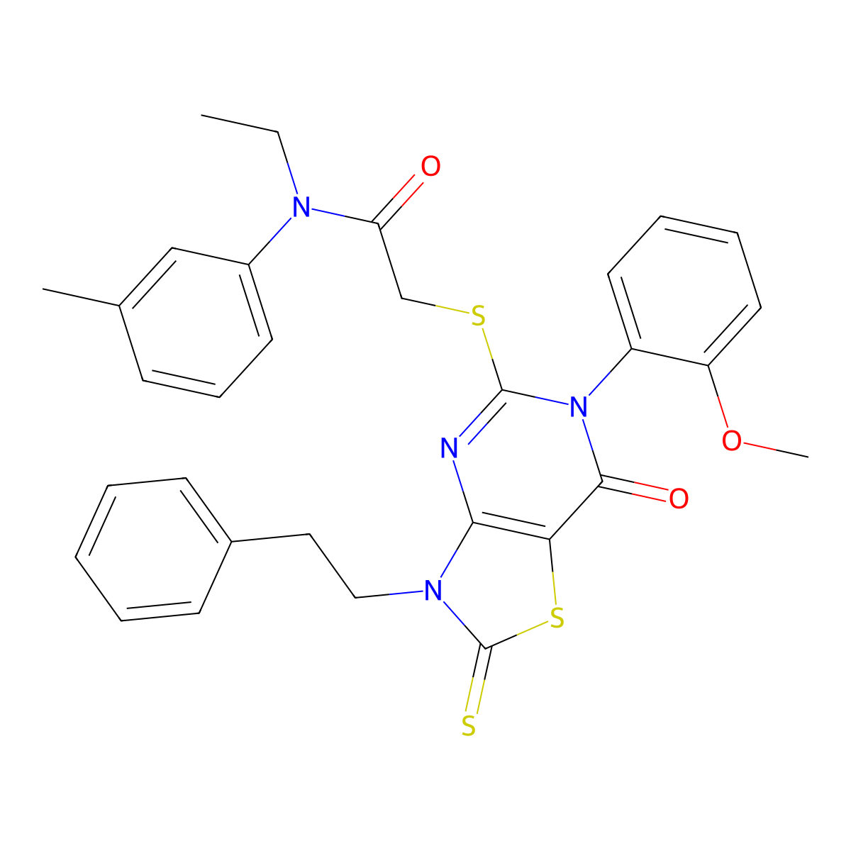 N-ethyl-2-{[6-(2-methoxyphenyl)-7-oxo-3-(2-phenylethyl)-2-sulfanylidene-2H,3H,6H,7H-[1,3]thiazolo[4,5-d]pyrimidin-5-yl]sulfanyl}-N-(3-methylphenyl)acetamide molecular structure, CAS 422306-80-7