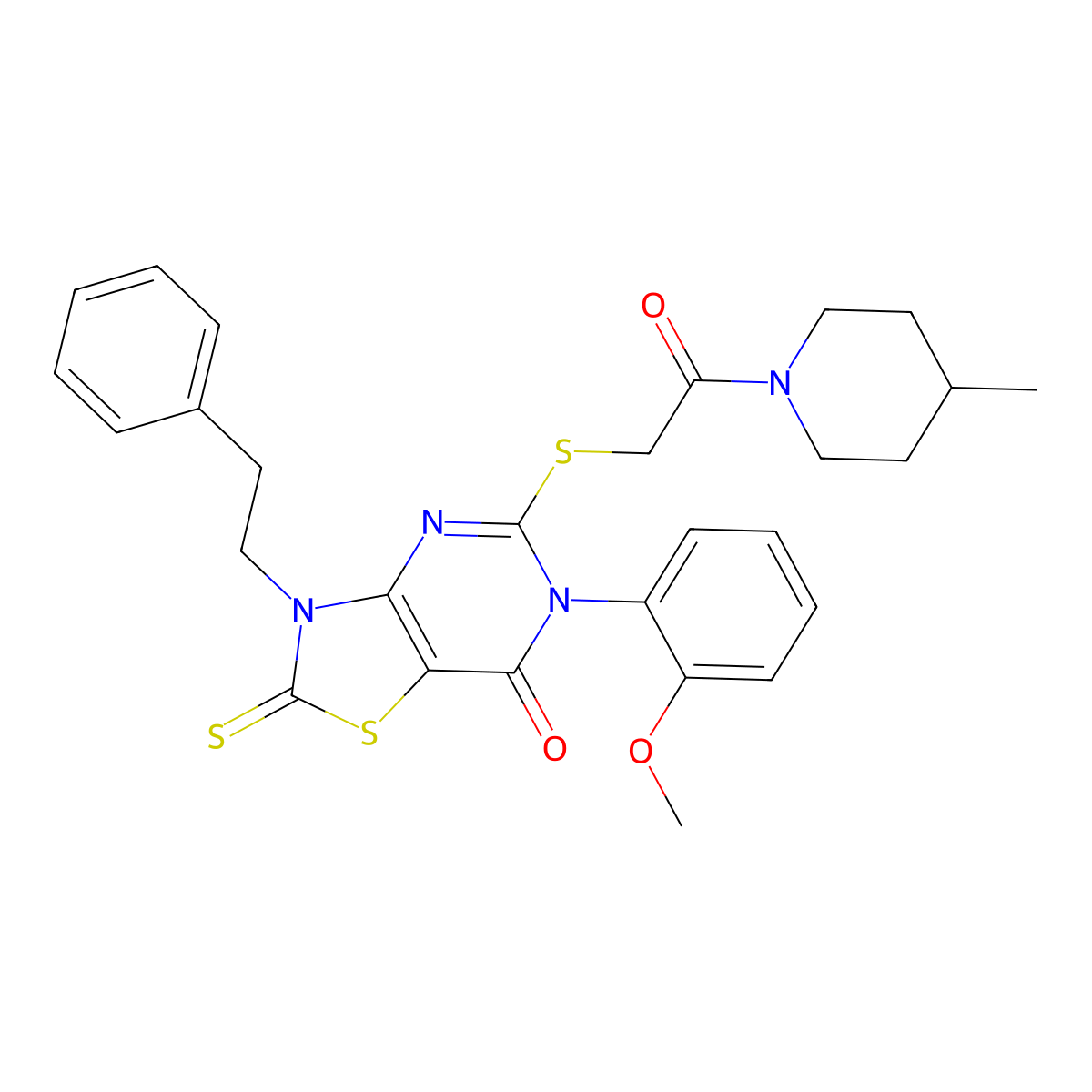 6-(2-methoxyphenyl)-5-{[2-(4-methylpiperidin-1-yl)-2-oxoethyl]sulfanyl}-3-(2-phenylethyl)-2-sulfanylidene-2H,3H,6H,7H-[1,3]thiazolo[4,5-d]pyrimidin-7-one molecular structure, CAS 422306-81-8