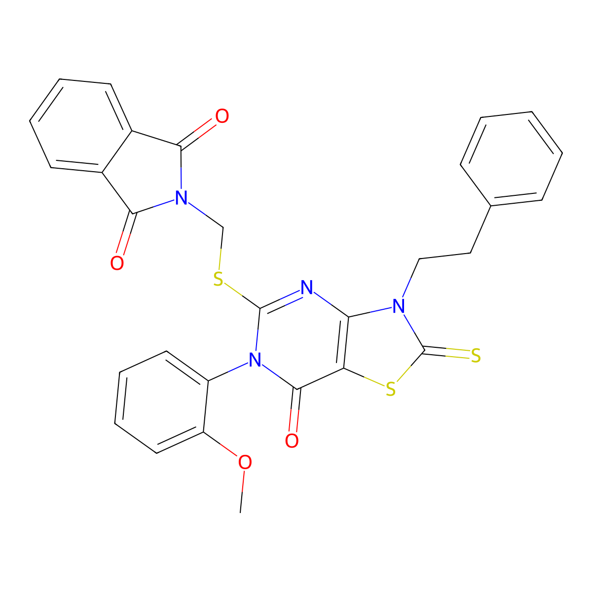 2-(((6-(2-Methoxyphenyl)-7-oxo-3-phenethyl-2-thioxo-2,3,6,7-tetrahydrothiazolo[4,5-d]pyrimidin-5-yl)thio)methyl)isoindoline-1,3-dione molecular structure, CAS 422306-84-1