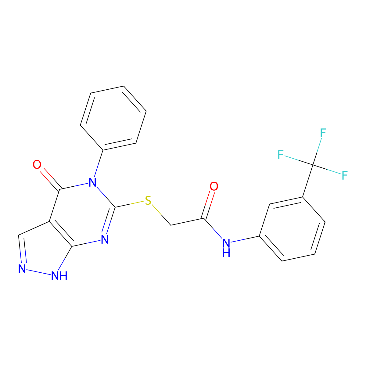 2-[(4-oxo-5-phenyl-1H-pyrazolo[3,4-d]pyrimidin-6-yl)sulfanyl]-N-[3-(trifluoromethyl)phenyl]acetamide molecular structure, CAS 422522-30-3