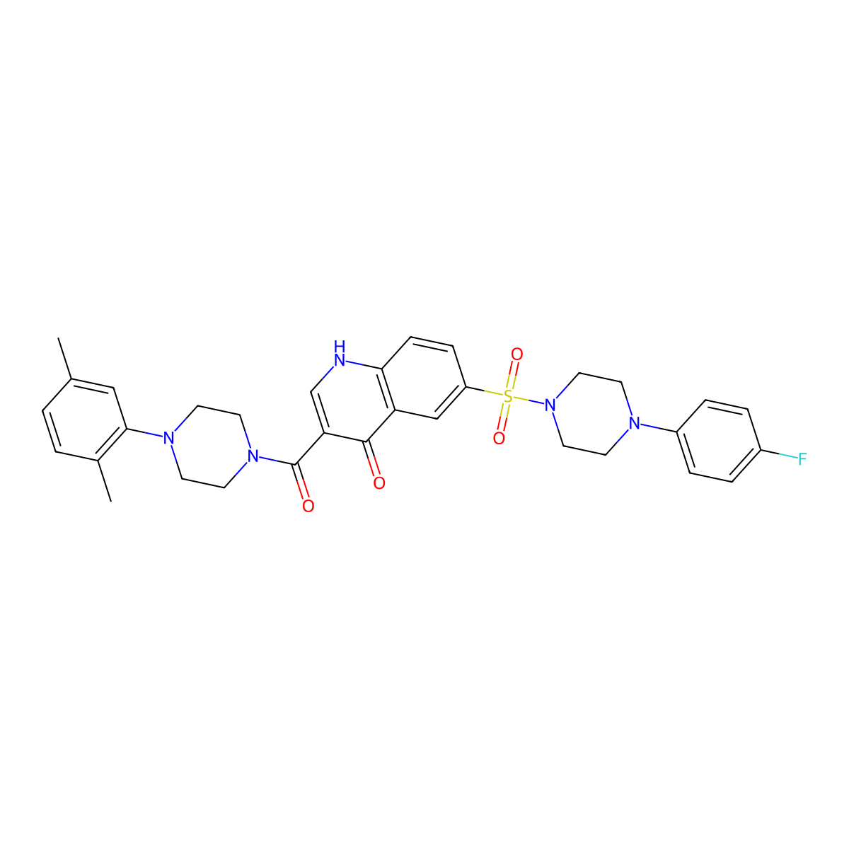 3-(4-(2,5-dimethylphenyl)piperazine-1-carbonyl)-6-((4-(4-fluorophenyl)piperazin-1-yl)sulfonyl)quinolin-4(1H)-one molecular structure, CAS 422522-69-8