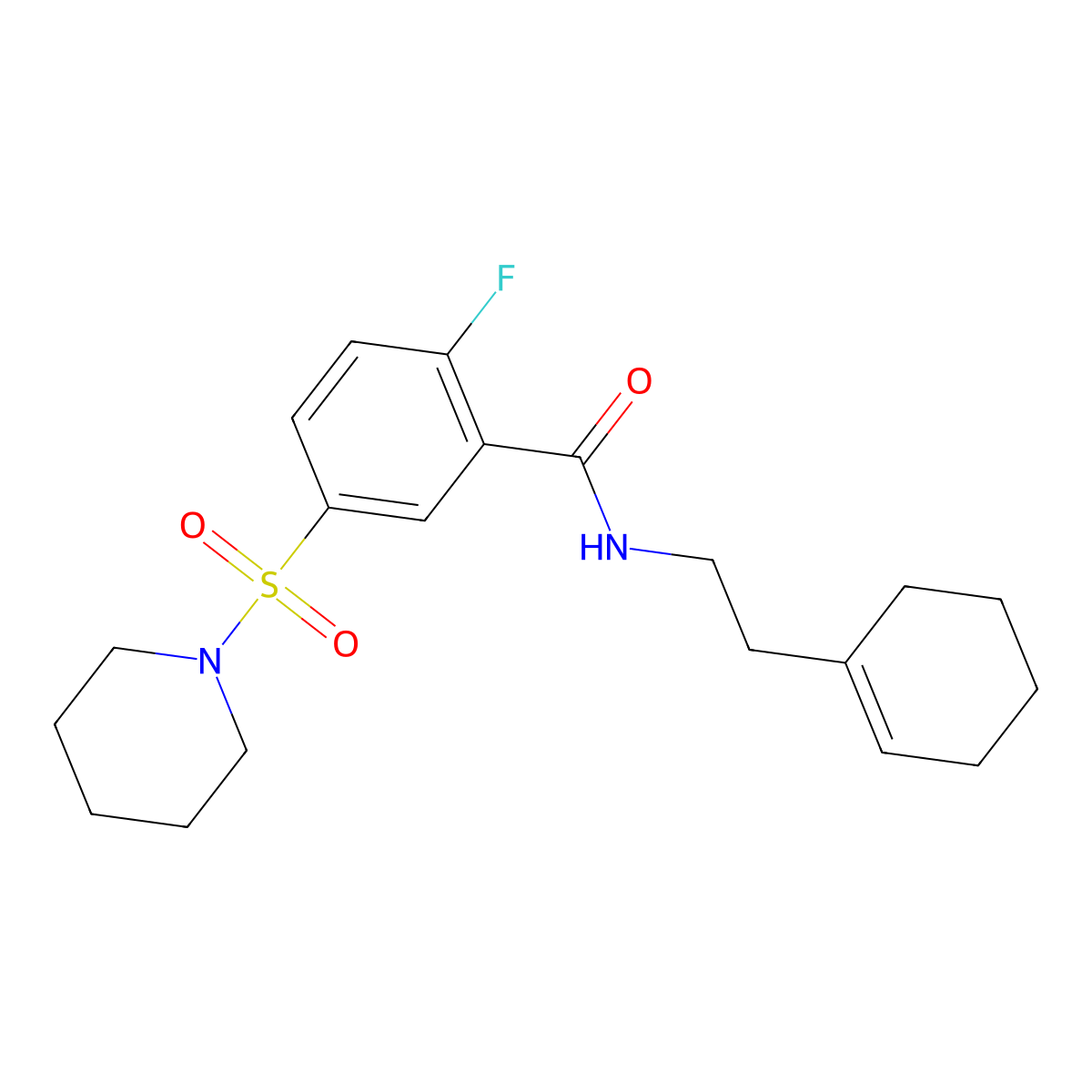 N-[2-(cyclohexen-1-yl)ethyl]-2-fluoro-5-piperidin-1-ylsulfonylbenzamide molecular structure, CAS 422522-96-1