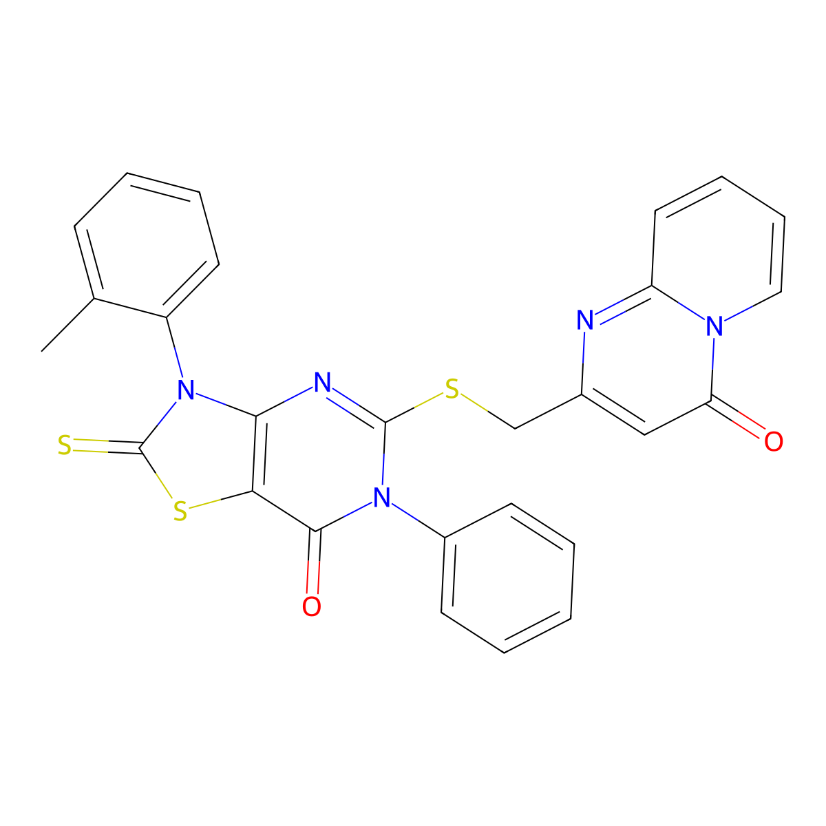 3-(2-Methylphenyl)-5-[(4-oxopyrido[1,2-a]pyrimidin-2-yl)methylsulfanyl]-6-phenyl-2-sulfanylidene-[1,3]thiazolo[4,5-d]pyrimidin-7-one molecular structure, CAS 422524-81-0
