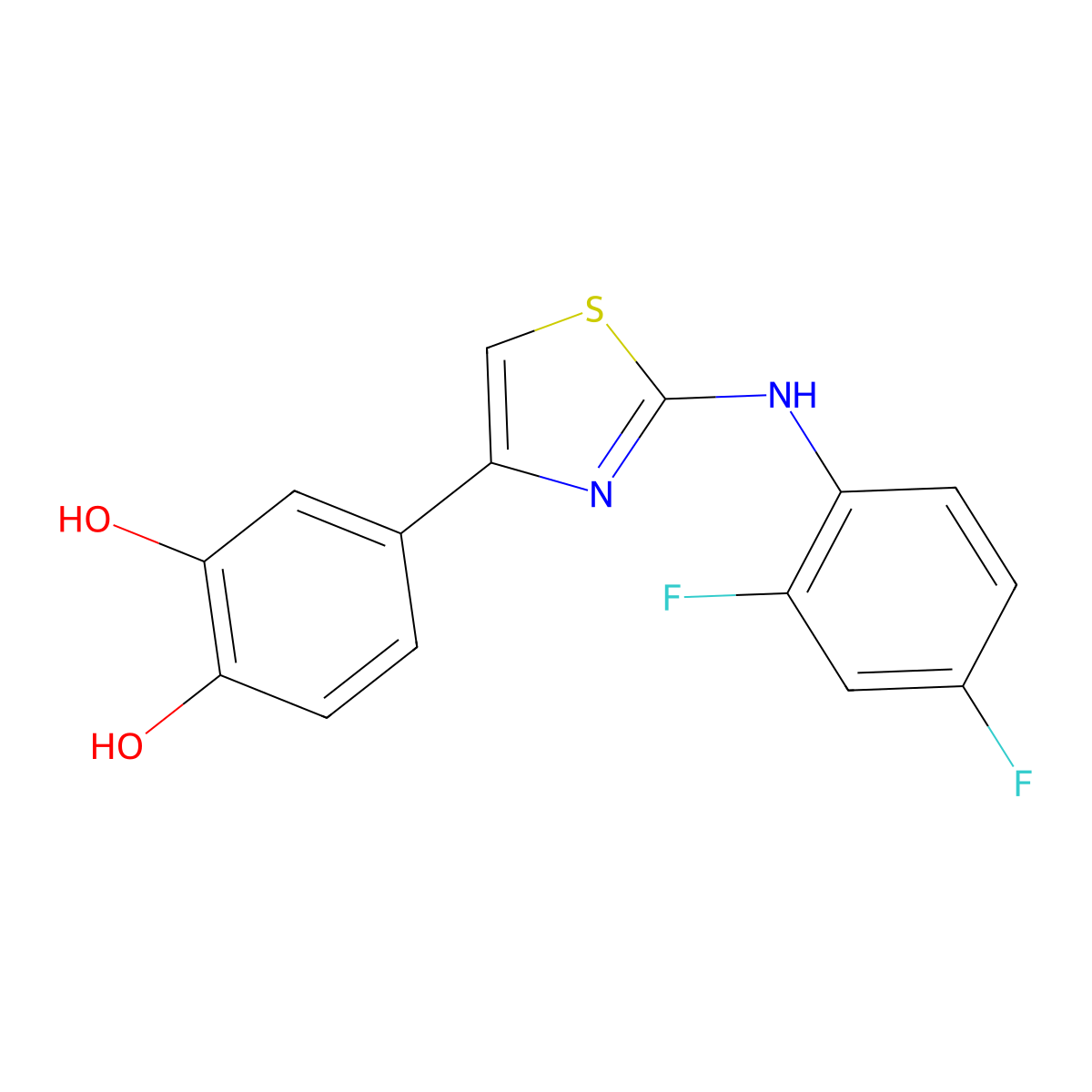 4-[2-(2,4-Difluoro-phenylamino)-thiazol-4-yl]-benzene-1,2-diol molecular structure, CAS 422524-84-3