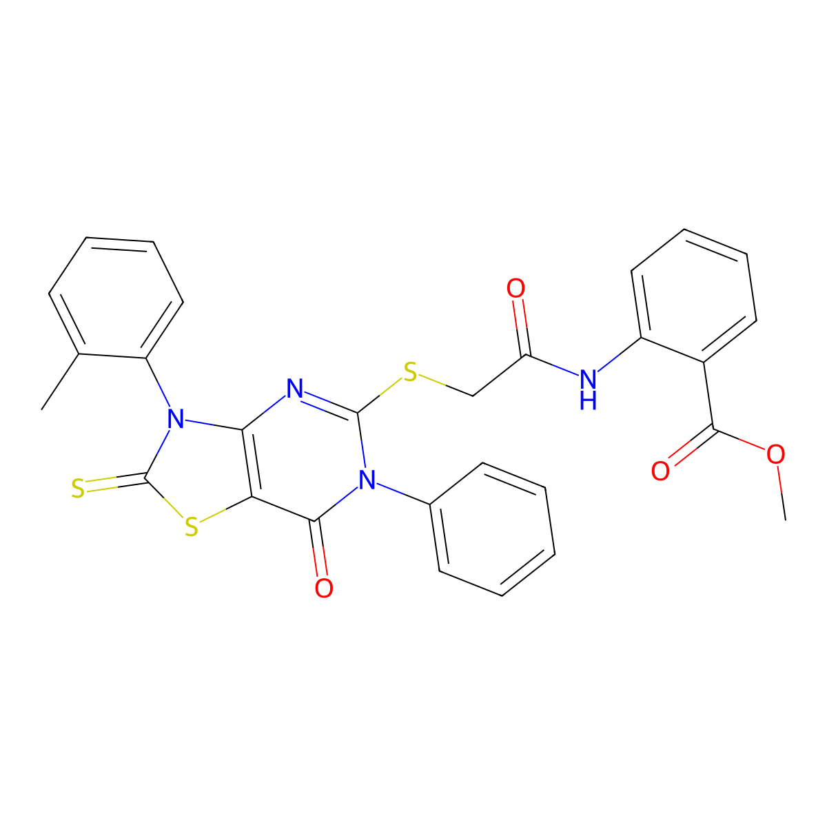Methyl 2-[[2-[[3-(2-methylphenyl)-7-oxo-6-phenyl-2-sulfanylidene-[1,3]thiazolo[4,5-d]pyrimidin-5-yl]sulfanyl]acetyl]amino]benzoate molecular structure, CAS 422525-64-2