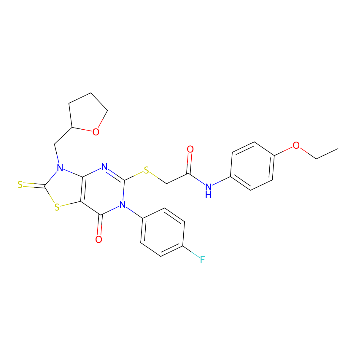 N-(4-ethoxyphenyl)-2-{[6-(4-fluorophenyl)-7-oxo-3-[(oxolan-2-yl)methyl]-2-sulfanylidene-2H,3H,6H,7H-[1,3]thiazolo[4,5-d]pyrimidin-5-yl]sulfanyl}acetamide molecular structure, CAS 422526-07-6