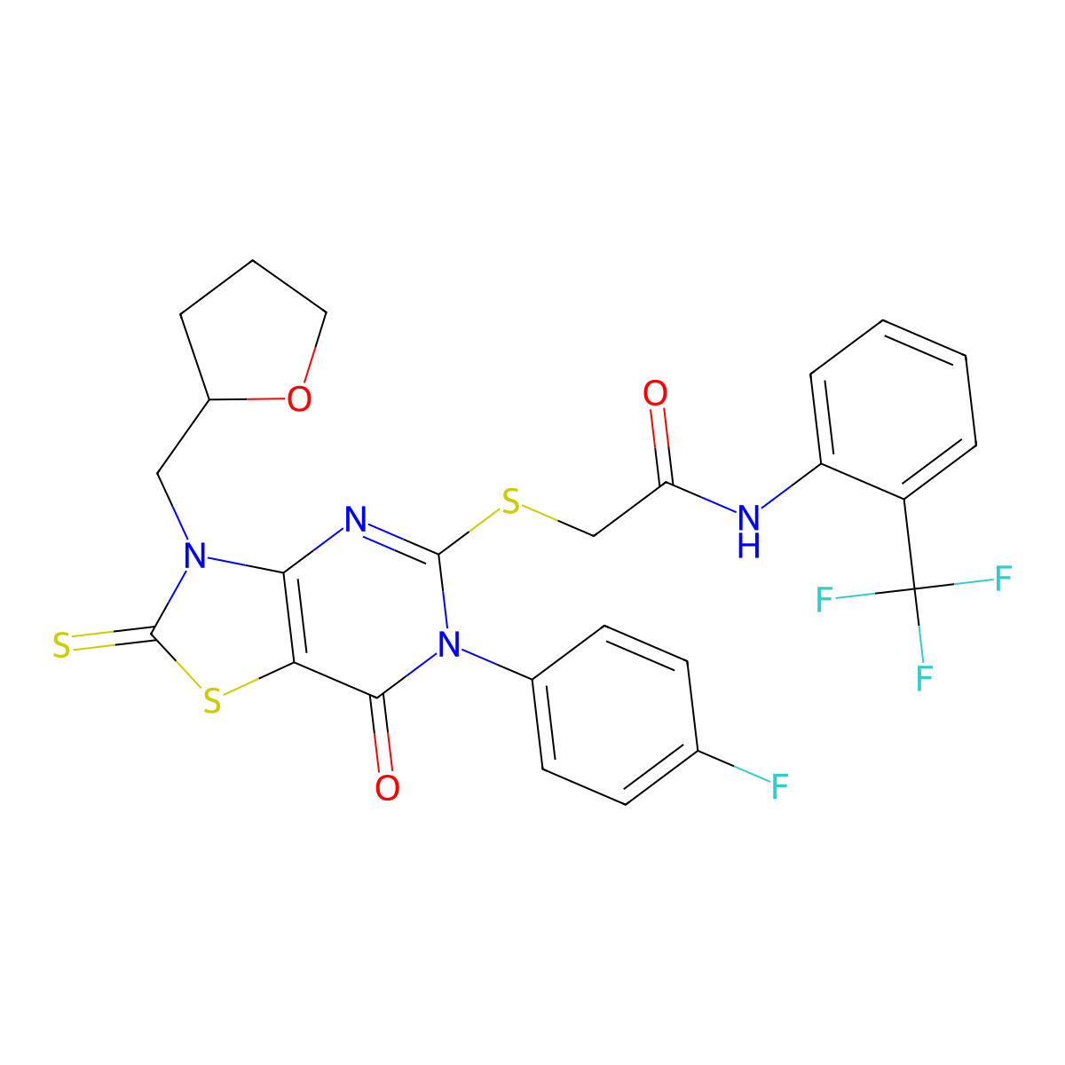 2-((6-(4-fluorophenyl)-7-oxo-3-((tetrahydrofuran-2-yl)methyl)-2-thioxo-2,3,6,7-tetrahydrothiazolo[4,5-d]pyrimidin-5-yl)thio)-N-(2-(trifluoromethyl)phenyl)acetamide molecular structure, CAS 422526-12-3