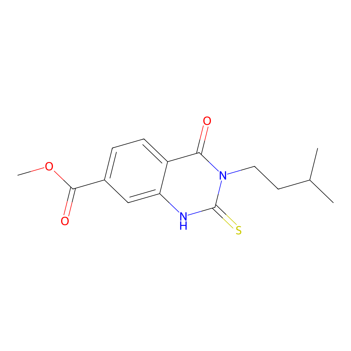 Methyl 3-(3-methylbutyl)-4-oxo-2-sulfanylidene-1H-quinazoline-7-carboxylate molecular structure, CAS 422526-40-7