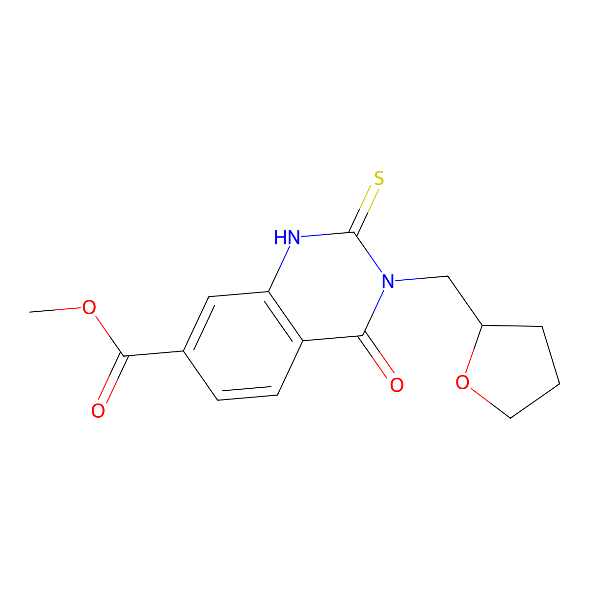 Methyl 4-oxo-3-(oxolan-2-ylmethyl)-2-sulfanyl-3,4-dihydroquinazoline-7-carboxylate molecular structure, CAS 422526-41-8