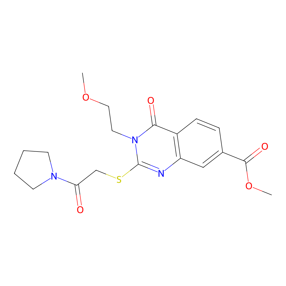 Methyl 3-(2-methoxyethyl)-4-oxo-2-(2-oxo-2-pyrrolidin-1-ylethyl)sulfanylquinazoline-7-carboxylate molecular structure, CAS 422530-62-9